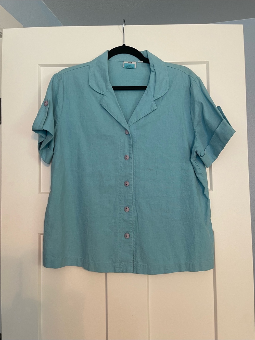 Hot Cotton Short-Sleeve Button-Front Top Linen and Cotton- Aqua Blue